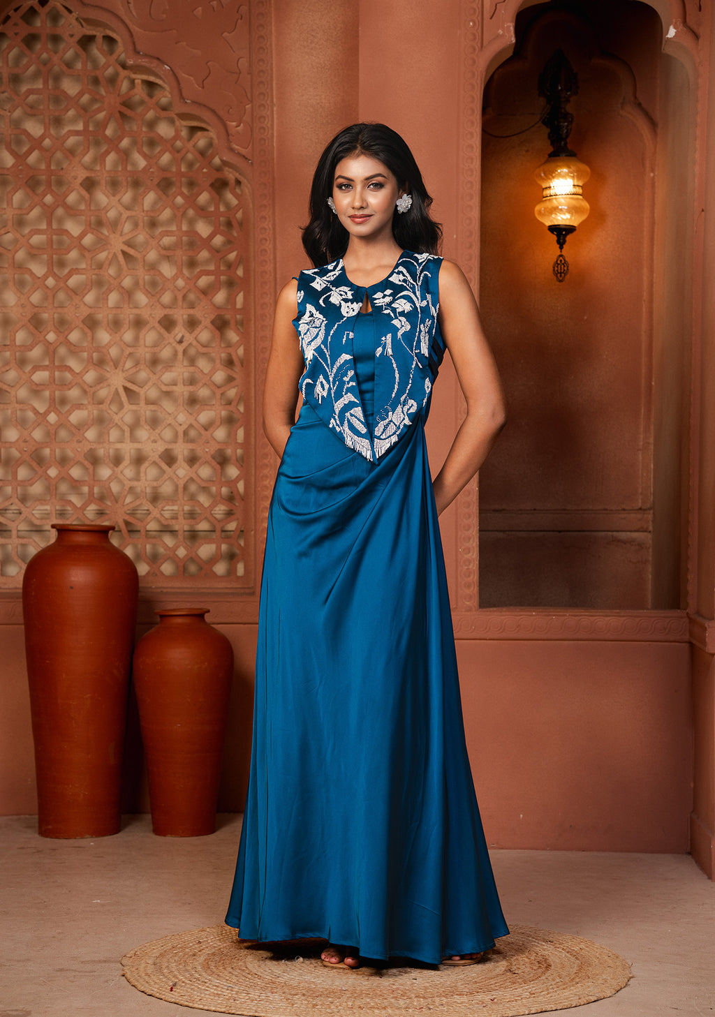 Niraya — The Teal Satin Pearl Gown