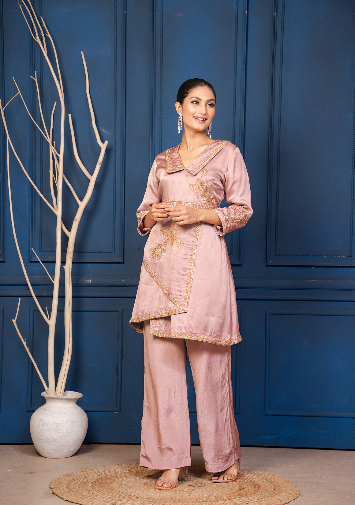 Elara The Mauve Satin Embroidered Co-ord Set
