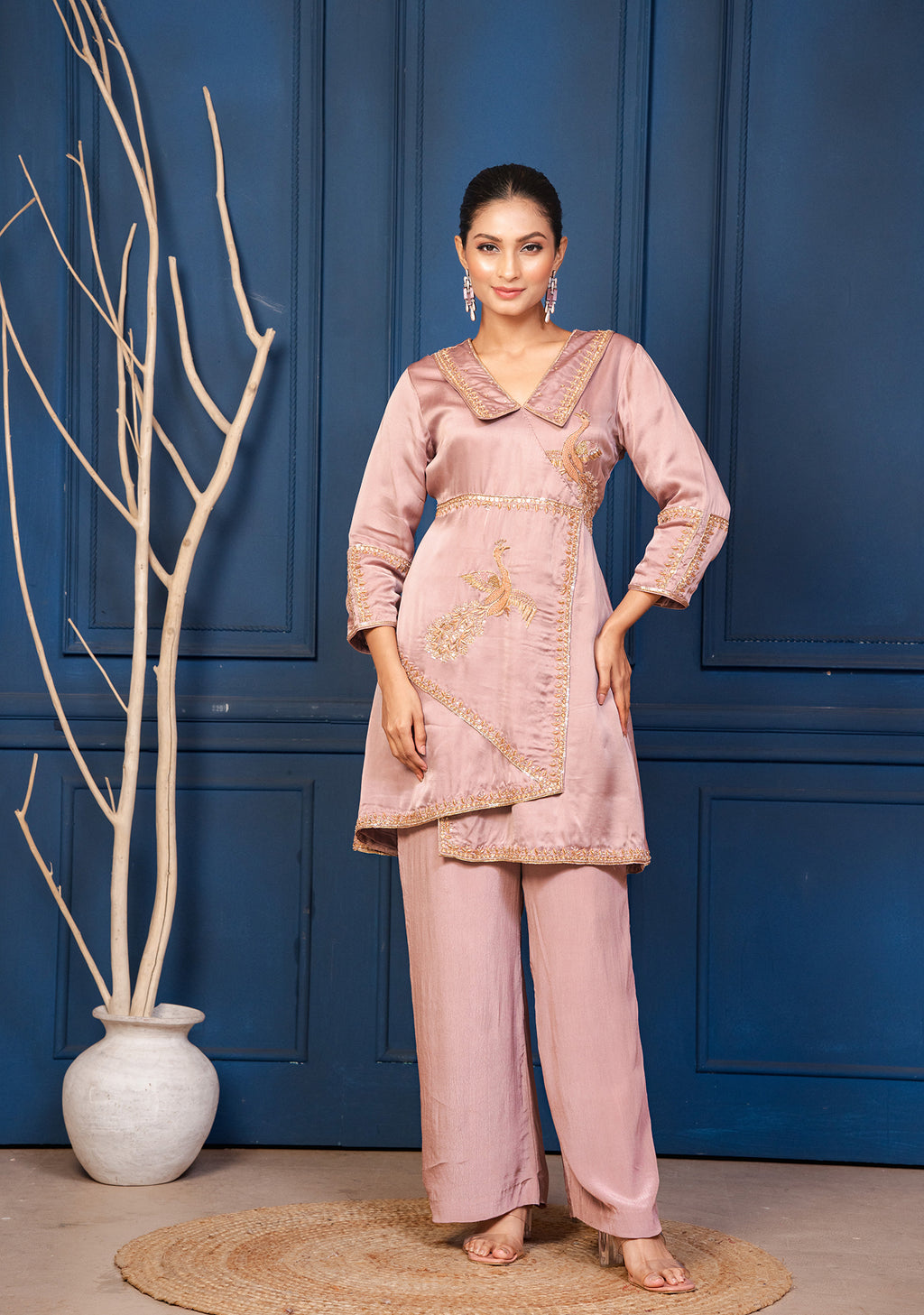 Elara The Mauve Satin Embroidered Co-ord Set